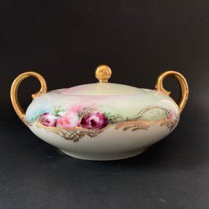 Imperial PSL Austria Signed Hand Painted Floral 2.75"W Bowl w/Lid & Twin Handles